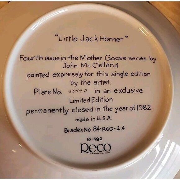 "Little Jack Horner" 4th Plate Mother Goose John McClelland Limited Ed Reco 1982 - Picture 5 of 10